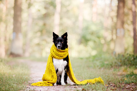 Border Collie Dog portrait in autumn. Fallen leaves. Golden autumn season. Indian summerの写真素材