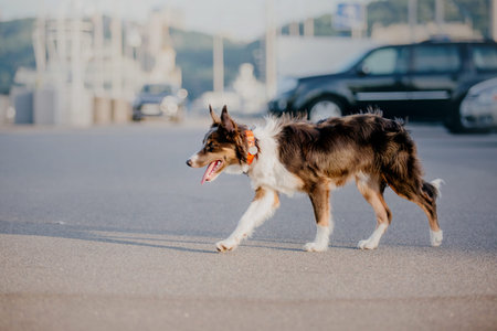 Border collie dog at the city walk. Dog in town