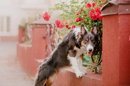 Border Collie dog portrait with flowersの写真素材
