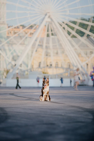 Border collie dog at the city walk. Dog in townの写真素材