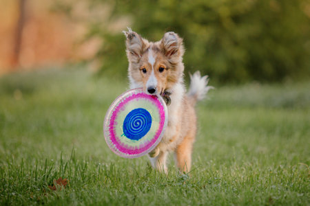 Shetland Sheepdog puppy playing with colorful flying disc. Summer and Autumn, Fall colorsの写真素材