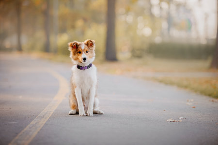 Shetland Sheepdog puppy playing outdoor. Summer and Autumn, Fall colors. Sheltie dogの写真素材