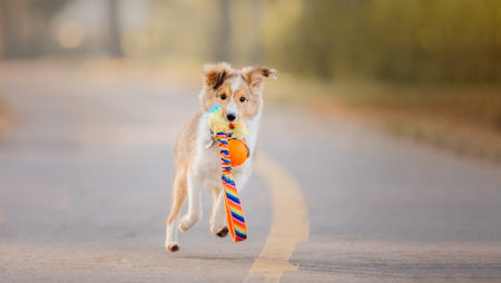 Shetland Sheepdog puppy playing with colorful toy outdoor. Summer and Autumn, Fall colorsの写真素材