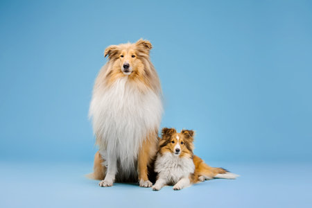 Cute Rough Collie dog and Shetland Sheepdog dog on blue backgroundの写真素材
