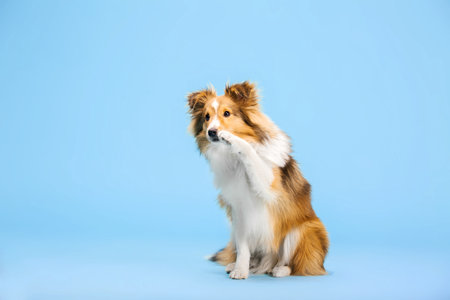 Shetland Sheepdog dog in the photo studio on the blue backgroundの写真素材