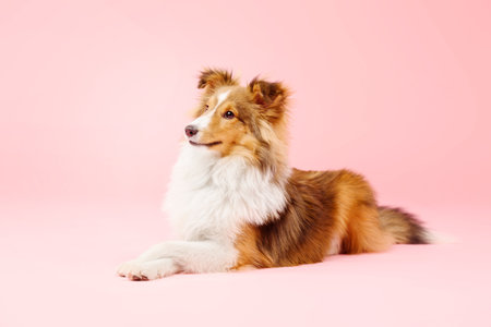Shetland Sheepdog dog in the photo studio on pink backgroundの写真素材