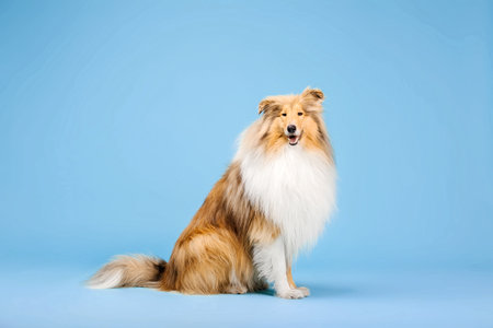 Cute Rough Collie dog on blue backgroundの写真素材
