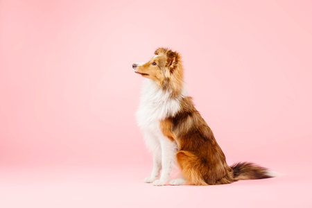 Shetland Sheepdog dog in the photo studio on pink backgroundの写真素材