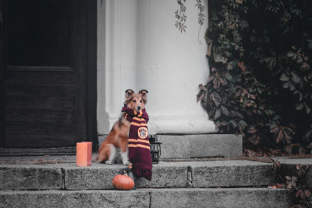 Dog with pumpkins. Shetland Sheepdog. Thanksgiving day. Fall season. Halloween holidays. Sheltie dog breedの写真素材