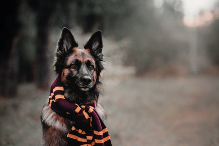 German Shepherd dog with leaves in autumn. Dog in nature. Autumn mood. Shepherd dog in falling leaves.の写真素材
