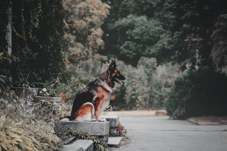 German Shepherd dog with leaves in autumn. Dog in nature. Autumn mood. Shepherd dog in falling leaves.の写真素材