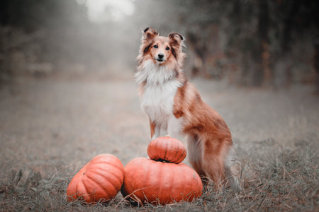 Dog with pumpkins. Shetland Sheepdog. Thanksgiving day. Fall season. Halloween holidays. Sheltie dog breedの写真素材