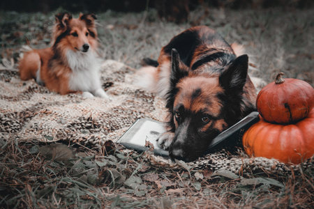 German Shepherd dog with leaves in autumn. Dog in nature. Autumn mood. Shepherd dog in falling leaves.の写真素材
