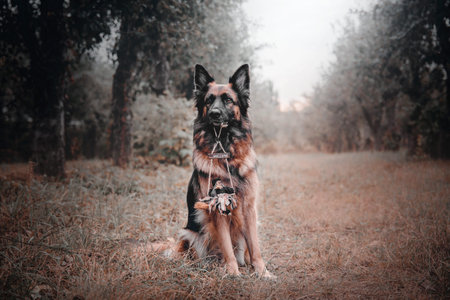 German Shepherd dog with leaves in autumn. Dog in nature. Autumn mood. Shepherd dog in falling...