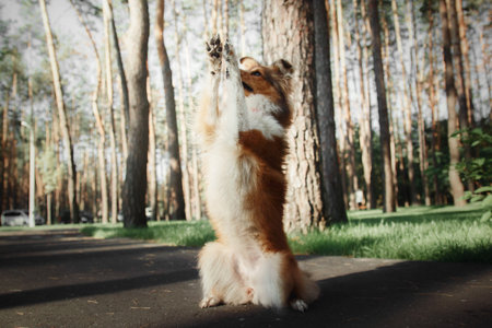 Sheltie Dog on a Walk: Serene Canine in Natureの写真素材