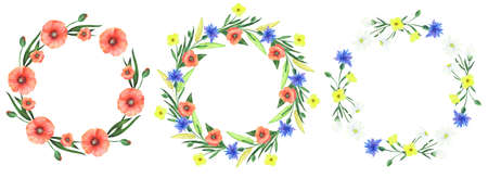 Hand drawn watercolor set of wreaths with wildflowers on white. Set of floral frame made with wildflowers.の写真素材