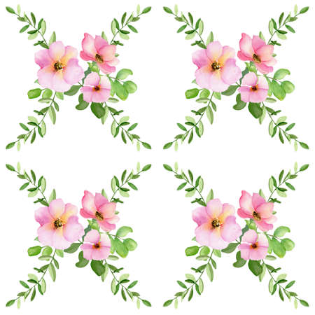 Watercolor seamless pattern made with pink flowers. Floral pattern made with pink flowers and leaves on a white background.の写真素材