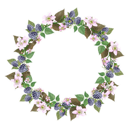 Watercolor Blackberry wreath. Floral round frame is perfect for congratulations, invitations, postcards, menu decoration.の写真素材