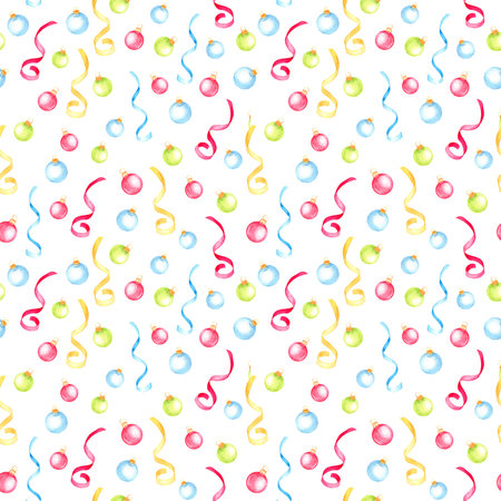Watercolor hand painted seamless pattern with colored christmas ball and ribbons.