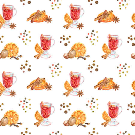 Seamless pattern with watercolor mulled wine ingredients and hot wine.の写真素材