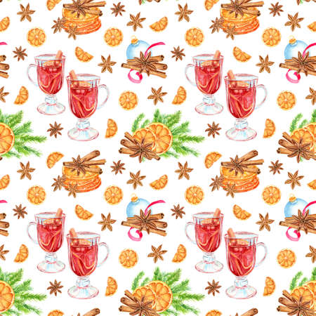 Watercolor seamless pattern of mulled wine, orange slices, cinnamon, anise and Christmas tree branches. Christmas pattern.の写真素材