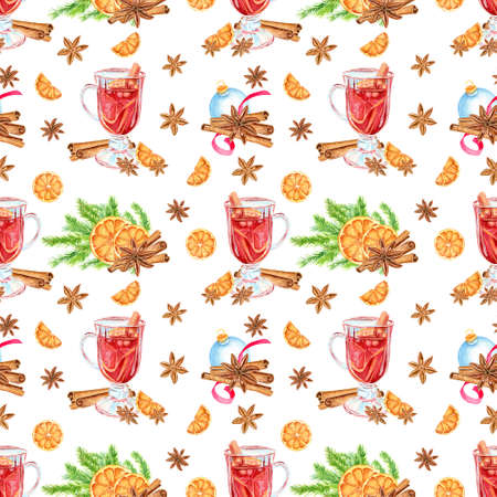 Watercolor seamless pattern of mulled wine, orange slices, cinnamon, anise and Christmas tree branches. Christmas pattern.の写真素材