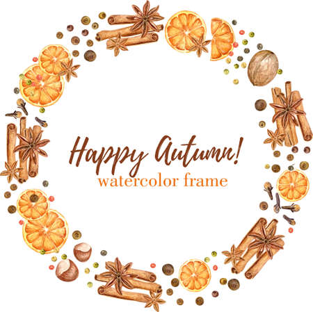 Watercolor wreath with hand drawn mulled wine ingredients. Frame for invitations, greeting cards, menu and other. Vector illustration.のイラスト素材