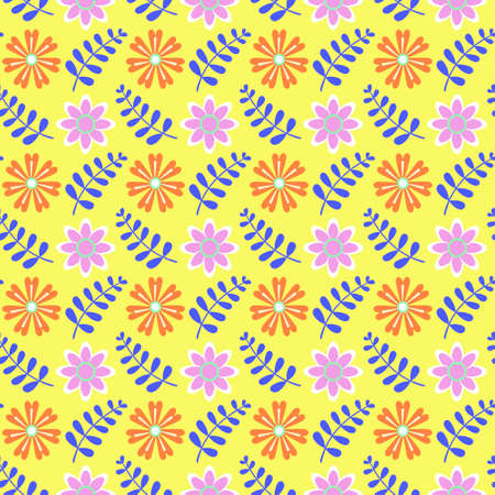 Vector floral seamless pattern in flat style with orange and pink flowers and blue leaves on a yellow background. Bright summer floral background.のイラスト素材