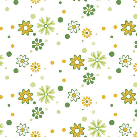 Seamless pattern with yellow and green flowers and dots. Gentle spring background in flat style.のイラスト素材