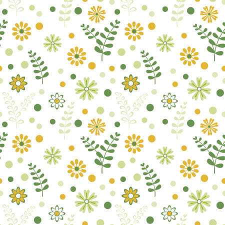 Vector floral pattern in flat style with flowers and leaves. Spring floral background.のイラスト素材