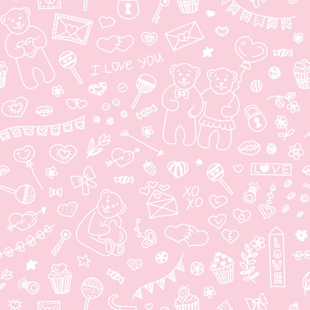 Delicate seamless pattern with doodle elements for Saint Valentines Day, wedding, web background.のイラスト素材