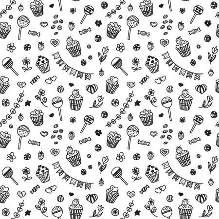 Seamless pattern in doodle style with cupcakes, sweets on a white background.のイラスト素材