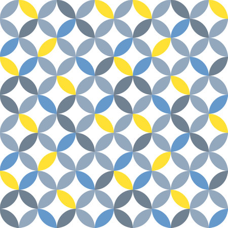 Blue, yellow and gray geometric seamless vector pattern of overlapping circles. Decorative print for paper, fabric and other surfaces. Bright circles, circles, floral print, abstract geometric petals.のイラスト素材