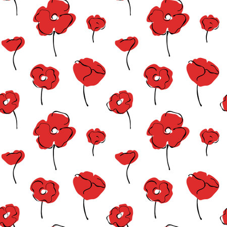 Red doodle poppies pattern. Bright floral vector seamless pattern. Floral pattern with abstract red poppies decorative print.のイラスト素材