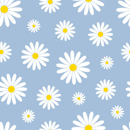 White daisies on a blue background seamless vector pattern. Decorative vector background for print, fabric, web. Elegant summer decoration.のイラスト素材