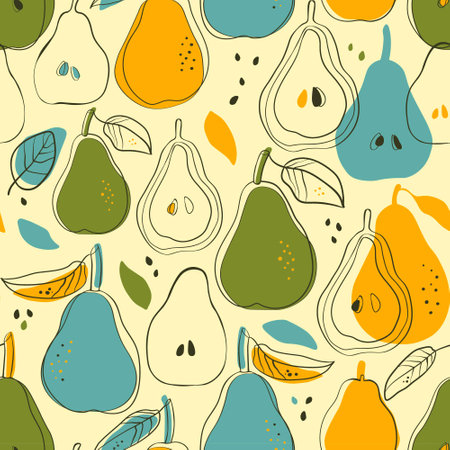 Fruit seamless vector pattern in doodle style. Bright summer background for fabric, textile, wallpaper, paper. Flat pears background.のイラスト素材