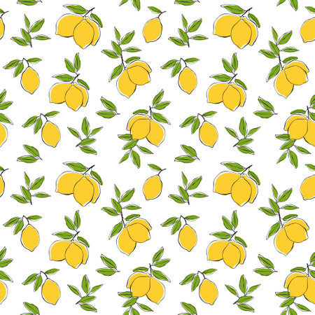 Lemons seamless vector pattern in doodle style. Abstract fruit natural background. Botanical pattern design for print. Bright summer pattern for printing on various surfaces and for the web.のイラスト素材