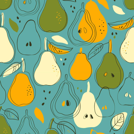 Doodle Fruit seamless vector pattern. Colorful pears pears on a blue background. Abstract floral print for interior design, fabrics and other surfaces.のイラスト素材