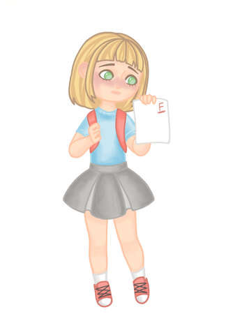 An illustration of a cute little blonde girl who failed at school and wrote a bad grade testの写真素材