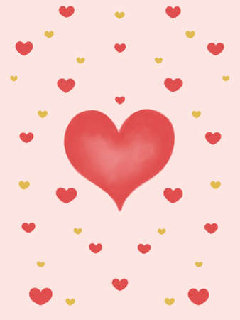 Romantic card for holiday greetings to loved ones. Image of cute red and yellow hearts in cartoon styleの写真素材