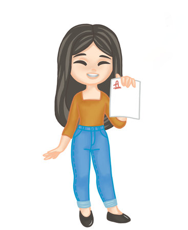 School brunette pretty girl got a good grade on the test or exam and succeeded so she is happy and smilingの写真素材
