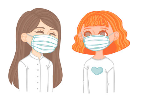 Two girls who take care of their health and wear protective medical masksの写真素材