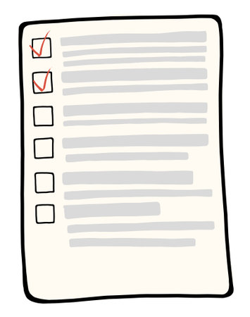 Cartoon-style letterhead with text and red check marks. Paper sheet with notesの写真素材