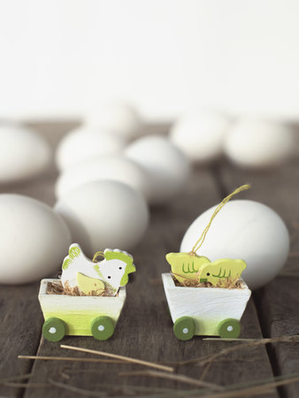 Easter Card with Toy Chickens on Background from Eggs