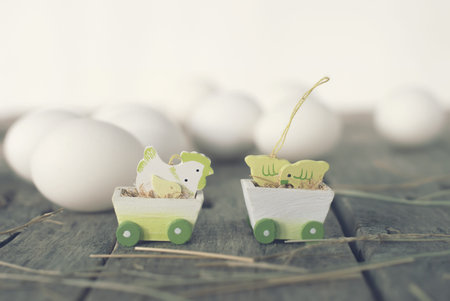 Easter Card with Toy Chickens on Background from Eggs