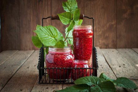 Raspberry Leaves and Jam in a jars on the wooden table, horizontal image