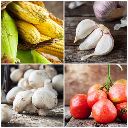Collage of fresh vegetables  Corns, mushrooms, tomatoes and garlic  Selective focusの写真素材