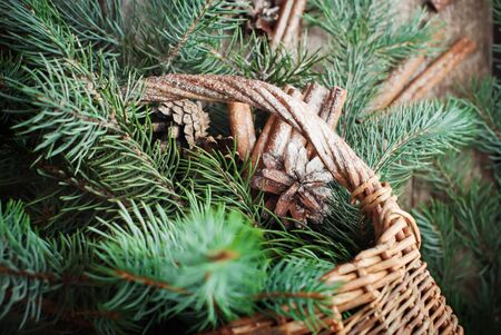 Scattered Branches of Blue Fir Tree, Cinnamon and Pine Cones from Rural Basket. Top viewの写真素材