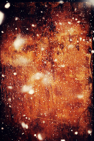 Wooden Panel with the Hammered Rusty Nails on Edge as Festive Vintage Background Drawn Snow