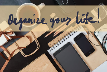 Organise Black Beige Office Accessories. Set Business Men on Wooden Table. Devices Phone, Tablet,...